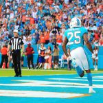 Xavien Howard #25 of the Miami Dolphins after returning the interception for a touchdown in the second quarter against the Denver Broncos at the Hard Rock Stadium on December 3, 2017 in Miami Gardens, Florida.  (Photo by Chris Trotman/Getty Images)