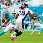 Jamaal Charles #28 of the Denver Broncos rushes during the second quarter against the Miami Dolphins at the Hard Rock Stadium on December 3, 2017 in Miami Gardens, Florida.  (Photo by Chris Trotman/Getty Images)
