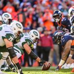 The New York Jets offense lines up behind center Wesley Johnson #76 of the New York Jets int he second quarter at Sports Authority Field at Mile High on December 10, 2017 in Denver, Colorado. (Photo by Dustin Bradford/Getty Images)