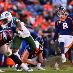 Kicker Brandon McManus #8 of the Denver Broncos follows the flight of a second quarter field goal against the New York Jets at Sports Authority Field at Mile High on December 10, 2017 in Denver, Colorado. (Photo by Dustin Bradford/Getty Images)