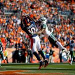 Cornerback Buster Skrine #41 of the New York Jets defends a pass away from wide receiver Emmanuel Sanders #10 of the Denver Broncos during the first quarter at Sports Authority Field at Mile High on December 10, 2017 in Denver, Colorado. (Photo by Justin Edmonds/Getty Images)