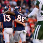 Quarterback Trevor Siemian #13 of the Denver Broncos and Demaryius Thomas #88 celebrate after a third quarter touchdown by Andy Janovich #32 (not pictured) against the New York Jets at Sports Authority Field at Mile High on December 10, 2017 in Denver, Colorado. (Photo by Dustin Bradford/Getty Images)