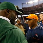 Head coach Vance Joseph of the Denver Broncos talks with head coach Todd Bowles of the New York Jets after the Broncos 23-0 win at Sports Authority Field at Mile High on December 10, 2017 in Denver, Colorado. (Photo by Justin Edmonds/Getty Images)