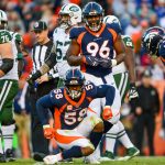 Outside linebacker Von Miller #58 of the Denver Broncos celebrates along with Shelby Harris #96 after a sack against the New York Jets in the third quarter of a game at Sports Authority Field at Mile High on December 10, 2017 in Denver, Colorado. (Photo by Dustin Bradford/Getty Images)