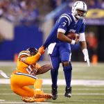 Jacoby Brissett #7 of the Indianapolis Colts is tackled by Shane Ray #56 of the Denver Broncos during the first half at Lucas Oil Stadium on December 14, 2017 in Indianapolis, Indiana.  (Photo by Andy Lyons/Getty Images)