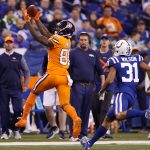 Demaryius Thomas #88 of the Denver Broncos makes a catch defended by Quincy Wilson during the first half at Lucas Oil Stadium on December 14, 2017 in Indianapolis, Indiana.  (Photo by Joe Robbins/Getty Images)