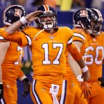 Brock Osweiler #17 of the Denver Broncos celebrates with teammates after a touchdown against the Indianapolis Colts during the second half at Lucas Oil Stadium on December 14, 2017 in Indianapolis, Indiana.  (Photo by Joe Robbins/Getty Images)