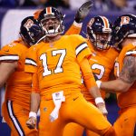 Brock Osweiler #17 of the Denver Broncos celebrates with teammates after a touchdown against the Indianapolis Colts during the second half at Lucas Oil Stadium on December 14, 2017 in Indianapolis, Indiana.  (Photo by Joe Robbins/Getty Images)