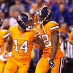 Cody Latimer #14 of the Denver Broncos celebrates with Demaryius Thomas #88 after a touchdown against the Indianapolis Colts during the second half at Lucas Oil Stadium on December 14, 2017 in Indianapolis, Indiana.  (Photo by Andy Lyons/Getty Images)