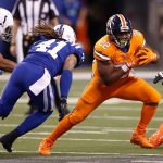 C.J. Anderson #22 of the Denver Broncos runs with the ball against the Indianapolis Colts during the second half at Lucas Oil Stadium on December 14, 2017 in Indianapolis, Indiana.  (Photo by Joe Robbins/Getty Images)