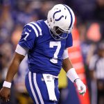 Jacoby Brissett #7 of the Indianapolis Colts reacts against the Denver Broncos during the second half at Lucas Oil Stadium on December 14, 2017 in Indianapolis, Indiana.  (Photo by Joe Robbins/Getty Images)
