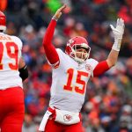 Quarterback Patrick Mahomes #15 of the Kansas City Chiefs celebrates after a second quarter touchdown against the Denver Broncos at Sports Authority Field at Mile High on December 31, 2017 in Denver, Colorado. (Photo by Dustin Bradford/Getty Images)