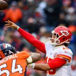 Quarterback Patrick Mahomes #15 of the Kansas City Chiefs passes under pressure by inside linebacker Brandon Marshall #54 of the Denver Broncos int he second quarter of a game at Sports Authority Field at Mile High on December 31, 2017 in Denver, Colorado. (Photo by Dustin Bradford/Getty Images)