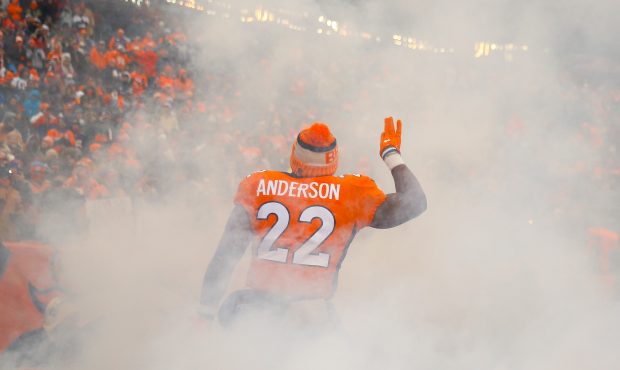 Running back C.J. Anderson #22 of the Denver Broncos takes the field before a game against the Kans...