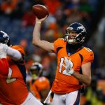 Quarterback Paxton Lynch #12 of the Denver Broncos throws a pass during the third quarter against the Kansas City Chiefs at Sports Authority Field at Mile High on December 31, 2017 in Denver, Colorado. The Chiefs defeated the Broncos 27-24. (Photo by Justin Edmonds/Getty Images)