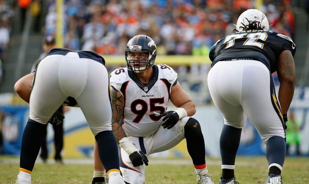 SAN DIEGO, CA - DECEMBER 06:   Derek Wolfe #95 of the Denver Broncos kneels during a game against t...