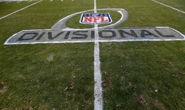 A general view of the NFL Divisional playoff logo on the field during the NFC Divisional Playoff Ga...