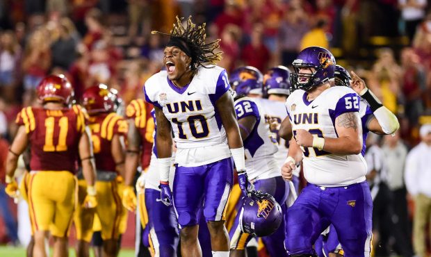 Northern Iowa Panthers wide receiver Daurice Fountain (10) celebrates the win with teammates during...
