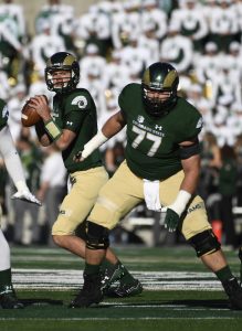 Colorado State Rams quarterback Nick Stevens #7 sets as Colorado State Rams offensive lineman Trae Moxley #60 and Jake Bennett #77 protect him in the first quarter against San Jose Spartans at Sonny Lubick Field at Colorado State Stadium November 18, 2017. (Photo by Andy Cross/The Denver Post via Getty Images)