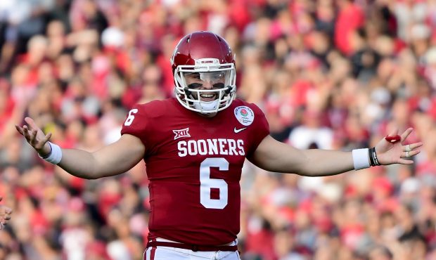 Baker Mayfield #6 of the Oklahoma Sooners reacts after there is no penalty call on a pass during th...
