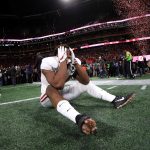 Kedrick James #44 of the Alabama Crimson Tide celebrates beating the Georgia Bulldogs in overtime to win the CFP National Championship presented by AT&T at Mercedes-Benz Stadium on January 8, 2018 in Atlanta, Georgia. The Alabama Crimson Tide won 26-23.  (Photo by Mike Ehrmann/Getty Images)