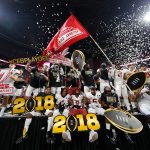 The Alabama Crimson Tide celebrates beating the Georgia Bulldogs in overtime and winning the CFP National Championship presented by AT&T at Mercedes-Benz Stadium on January 8, 2018 in Atlanta, Georgia. Alabama won 26-23.  (Photo by Kevin C. Cox/Getty Images)