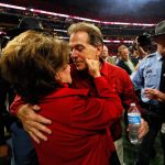 Head coach Nick Saban of the Alabama Crimson Tide celebrates with his wife Terry after beating the Georgia Bulldogs in overtime to win the CFP National Championship presented by AT&T at Mercedes-Benz Stadium on January 8, 2018 in Atlanta, Georgia. Alabama won 26-23. (Photo by Kevin C. Cox/Getty Images)