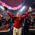 Head coach Nick Saban of the Alabama Crimson Tide celebrates beating the Georgia Bulldogs in overtime to win the CFP National Championship presented by AT&T at Mercedes-Benz Stadium on January 8, 2018 in Atlanta, Georgia. Alabama won 26-23.  (Photo by Kevin C. Cox/Getty Images)