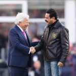 Jacksonville Jaguars owner Shahid Khan speaks to New England Patriots owner Robert Kraft before the AFC Championship Game at Gillette Stadium on January 21, 2018 in Foxborough, Massachusetts.  (Photo by Adam Glanzman/Getty Images)