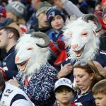 Fans wear goat masks during the AFC Championship Game between the New England Patriots and the Jacksonville Jaguars at Gillette Stadium on January 21, 2018 in Foxborough, Massachusetts.  (Photo by Maddie Meyer/Getty Images)
