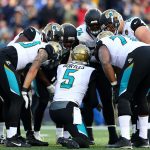Blake Bortles #5 of the Jacksonville Jaguars huddles with teammates in the second quarter during the AFC Championship Game against the New England Patriots at Gillette Stadium on January 21, 2018 in Foxborough, Massachusetts.  (Photo by Adam Glanzman/Getty Images)
