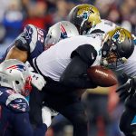 Blake Bortles #5 of the Jacksonville Jaguars is tackled by Kyle Van Noy #53 of the New England Patriots in the fourth quarter during the AFC Championship Game at Gillette Stadium on January 21, 2018 in Foxborough, Massachusetts.  (Photo by Kevin C. Cox/Getty Images)