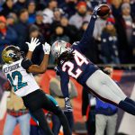 Stephon Gilmore #24 of the New England Patriots deflects a pass intended for Dede Westbrook #12 of the Jacksonville Jaguars in the fouorth quarter during the AFC Championship Game at Gillette Stadium on January 21, 2018 in Foxborough, Massachusetts.  (Photo by Kevin C. Cox/Getty Images)