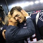 Tom Brady #12 of the New England Patriots celebrates after winning the AFC Championship Game against the Jacksonville Jaguars at Gillette Stadium on January 21, 2018 in Foxborough, Massachusetts.  (Photo by Elsa/Getty Images)