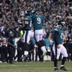 Zach Ertz #86 and Nick Foles #9 of the Philadelphia Eagles celebrate the 53 yard touchdown reception by Alshon Jeffery (not pictured) during the second quarter against the Minnesota Vikings in the NFC Championship game at Lincoln Financial Field on January 21, 2018 in Philadelphia, Pennsylvania.  (Photo by Rob Carr/Getty Images)