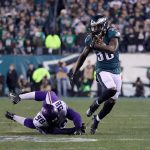Jay Ajayi #36 of the Philadelphia Eagles runs the ball past Linval Joseph #98 of the Minnesota Vikings during the second quarter in the NFC Championship game at Lincoln Financial Field on January 21, 2018 in Philadelphia, Pennsylvania.  (Photo by Rob Carr/Getty Images)