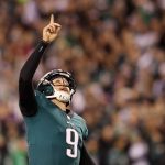 Nick Foles #9 of the Philadelphia Eagles celebrates his fourth quarter touchdown pass against the Minnesota Vikings in the NFC Championship game at Lincoln Financial Field on January 21, 2018 in Philadelphia, Pennsylvania.  (Photo by Patrick Smith/Getty Images)