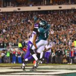 Alshon Jeffery #17 of the Philadelphia Eagles scores a fourth quarter touchdown reception against the Minnesota Vikings in the NFC Championship game at Lincoln Financial Field on January 21, 2018 in Philadelphia, Pennsylvania.  (Photo by Mitchell Leff/Getty Images)