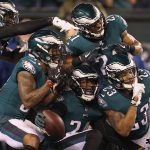Corey Graham #24 of the Philadelphia Eagles is congratulated by his teammates after getting an interception during the fourth quarter against the Minnesota Vikings in the NFC Championship game at Lincoln Financial Field on January 21, 2018 in Philadelphia, Pennsylvania.  (Photo by Patrick Smith/Getty Images)