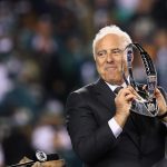 Jeffrey Lurie owner of the Philadelphia Eagles holds the George Halas Trophy after his team defeated the Minnesota Vikings in the NFC Championship game at Lincoln Financial Field on January 21, 2018 in Philadelphia, Pennsylvania. The Philadelphia Eagles defeated the Minnesota Vikings 38-7.  (Photo by Al Bello/Getty Images)