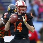 Mike White #14 of the South team throws the ball during the first half of the Reese's Senior Bowl against the the North team at Ladd-Peebles Stadium on January 27, 2018 in Mobile, Alabama.  (Photo by Jonathan Bachman/Getty Images)