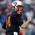 Mike White #14 of the South team celebrates a long pass during the first half of the Reese's Senior Bowl against the the North team at Ladd-Peebles Stadium on January 27, 2018 in Mobile, Alabama.  (Photo by Jonathan Bachman/Getty Images)