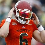 Baker Mayfield #6 of the North team reacts during the first half of the Reese's Senior Bowl against the the South team at Ladd-Peebles Stadium on January 27, 2018 in Mobile, Alabama.  (Photo by Jonathan Bachman/Getty Images)