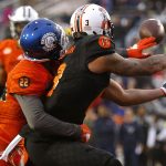 Marcell Ateman #13 of the South team catches the ball for a touchdown as Michael Joseph #22 of the North team defends during the second half of the Reese's Senior Bowl at Ladd-Peebles Stadium on January 27, 2018 in Mobile, Alabama.  (Photo by Jonathan Bachman/Getty Images)
