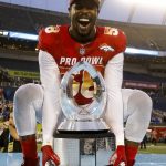 Linebacker Von Miller #58 of the Denver Broncos from the AFC Team poses with winning team trophy after the NFL Pro Bowl Game at Camping World Stadium on January 28, 2018 in Orlando, Florida. The AFC defeated the NFC 24 to 23. (Photo by Don Juan Moore/Getty Images)