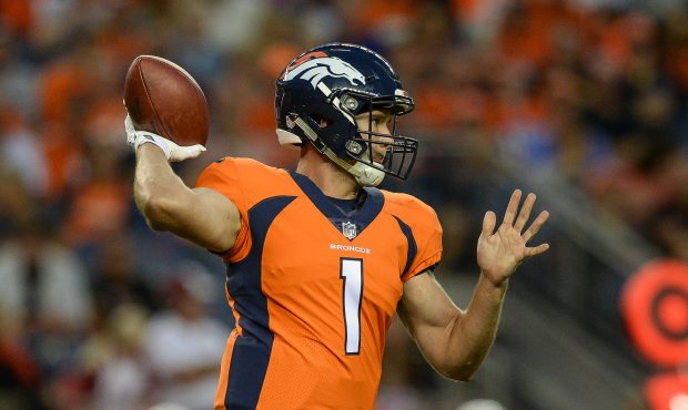 DENVER, CO - AUGUST 31: Quarterback Kyle Sloter #1 of the Denver Broncos passes for his first compl...