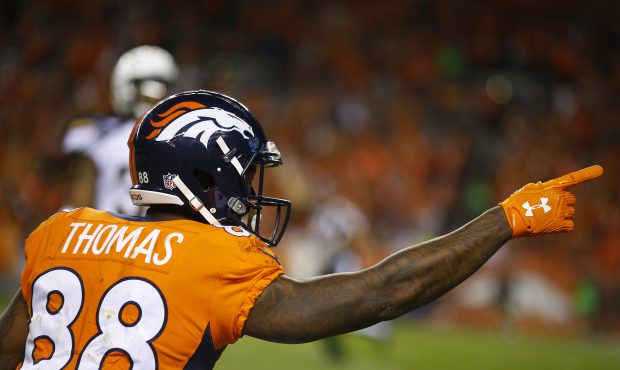 Wide receiver Demaryius Thomas #88 of the Denver Broncos signals a first down in the third quarter ...