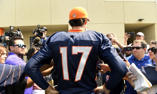 Brock Osweiler, who returns to the Denver Broncos as a back up quarterback, speaks with members of ...
