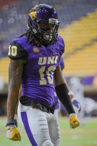 University of Northern Iowa wide receiver Daurice Fountain (10) warms up before the football game between the Indiana State Sycamores and the University of Northern Iowa Panthers on November 18, 2017 at the UNI-Dome on the University of Northern Iowa campus in Cedar Falls, Iowa. (Photo by Ken Murray/Icon Sportswire via Getty Images)