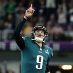 MINNEAPOLIS, MN - FEBRUARY 04:  Nick Foles #9 of the Philadelphia Eagles celebrates  a 21-yard touchdown during the second quarter against the New England Patriots in Super Bowl LII at U.S. Bank Stadium on February 4, 2018 in Minneapolis, Minnesota.  (Photo by Elsa/Getty Images)